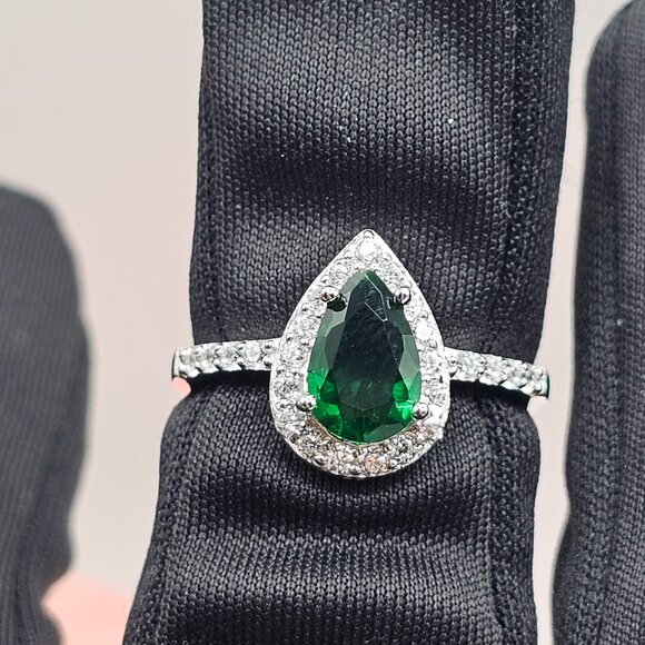 Sterling Silver 925 Rhodium Plated Teardrop Emerald and Clear CZ Ring - Picture 6 of 10